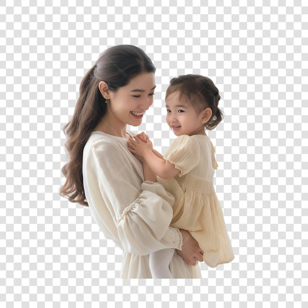 Foto Recortada Mãe e Filha Asiáticas Sorrindo PNG Fundo Transparente