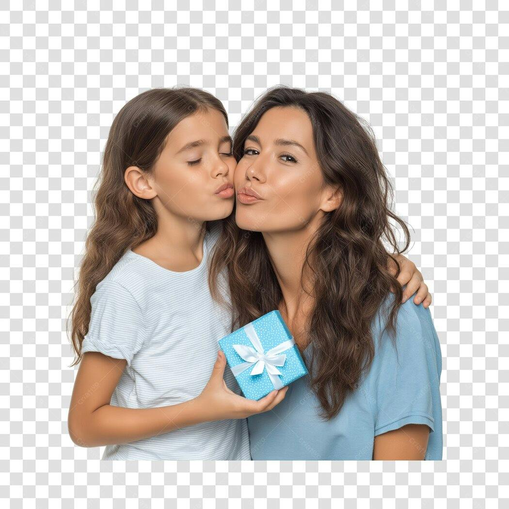 Foto Recortada Mãe e Filha Beijo Presente PNG Fundo Transparente