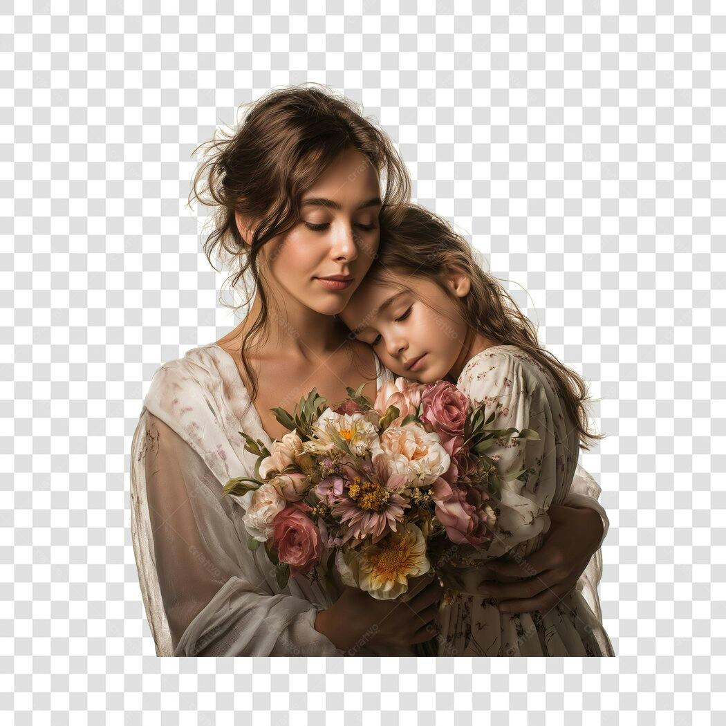 Foto Recortada Mãe e Filha com Flores Dia das Mães Maio PNG Fundo Transparente