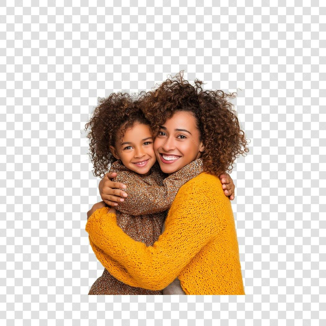 Foto Recortada Mãe e Filha Negra Abraçadas PNG Fundo Transparente
