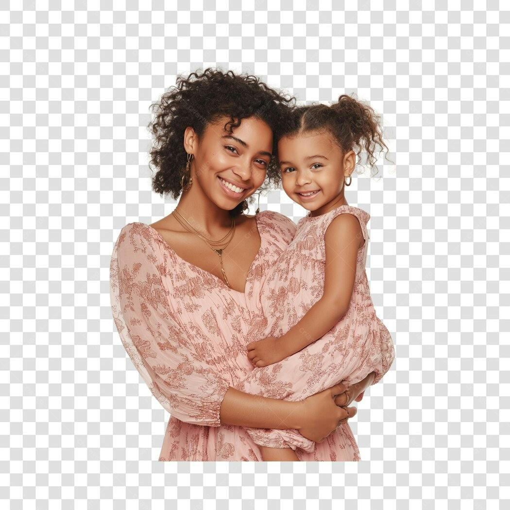 Foto Recortada Mãe e Filha Negra Sorrindo Dia das Mães PNG Fundo Transparente