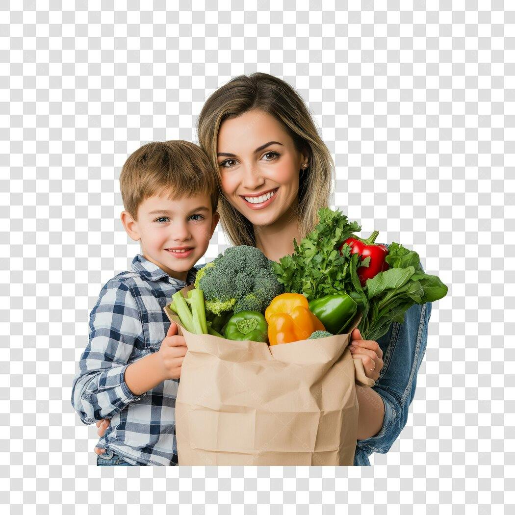 Foto Recortada Mãe e Filho Compras Mercado PNG Fundo Transparente