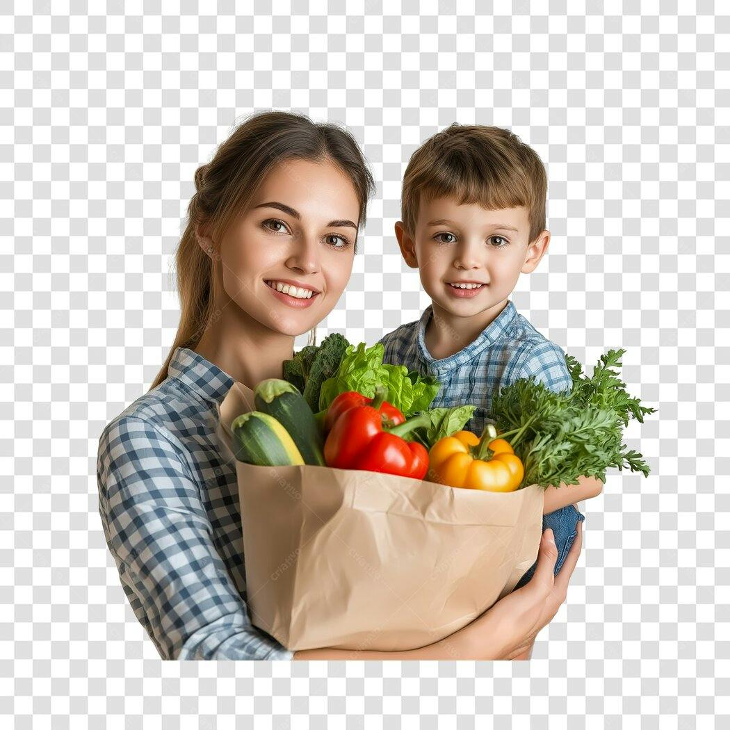 Foto Recortada Mãe Filho Sacola Compras Vegetais PNG Fundo Transparente