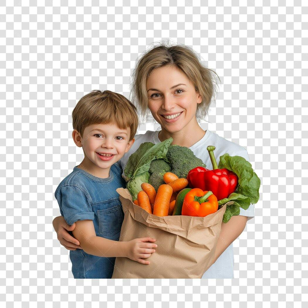 Foto Recortada Mãe Filho Sacola Legumes PNG Fundo Transparente