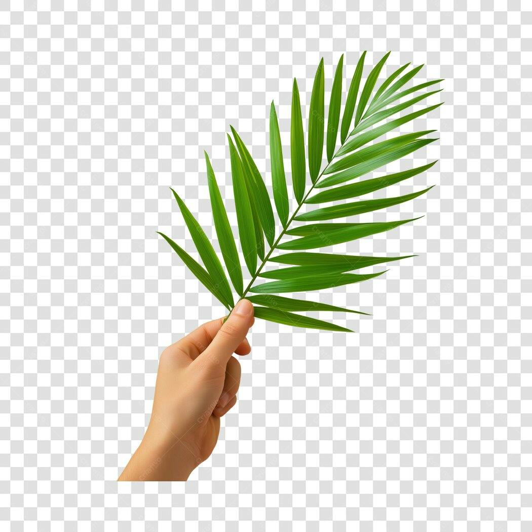 Foto Recortada Mão Segurando Folha de Palmeira Verde PNG Fundo Transparente