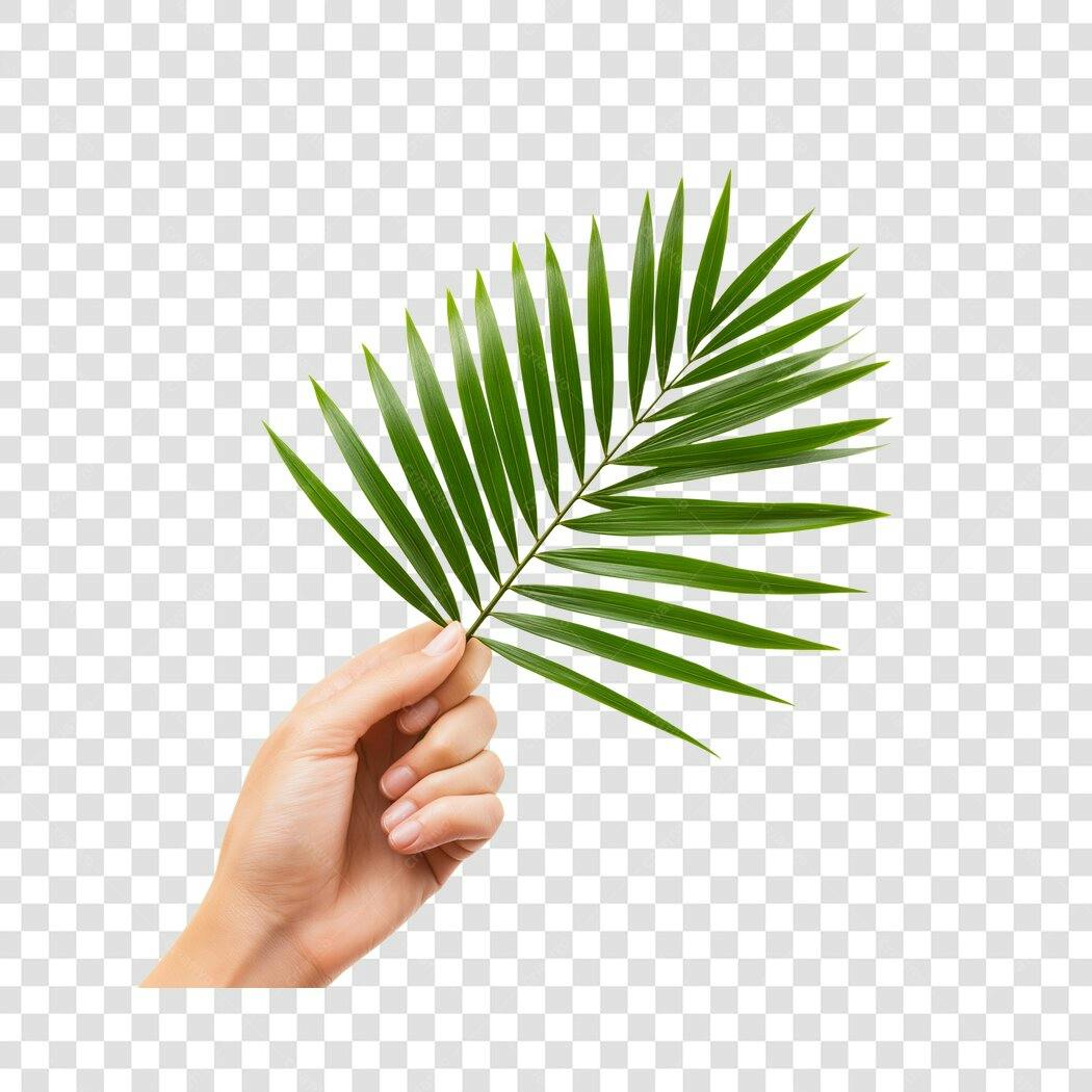 Foto Recortada Mão Segurando Folha de Palmeira Verde PNG Fundo Transparente