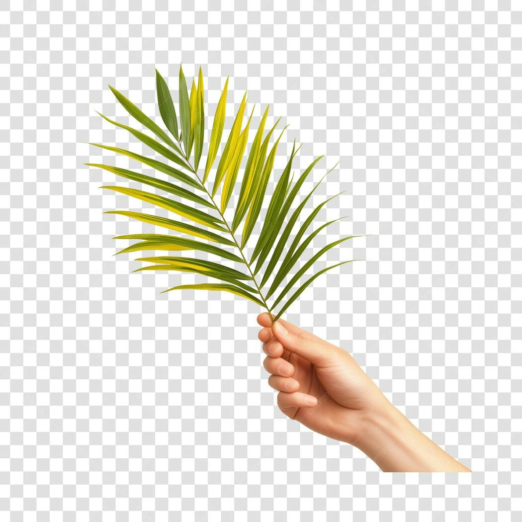 Foto Recortada Mão Segurando Folha Palmeira Verde PNG Fundo Transparente