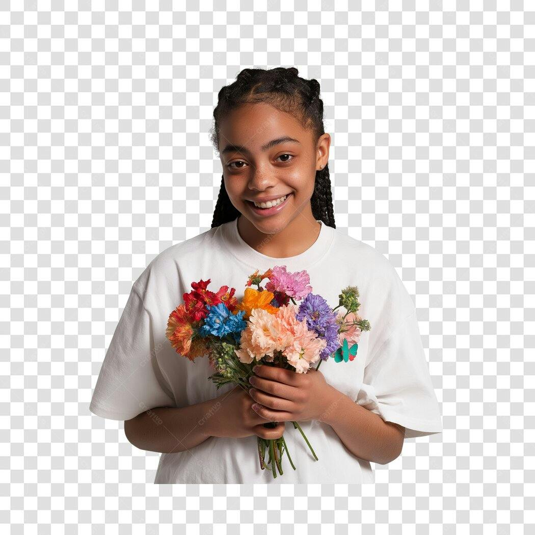 Foto Recortada Menina Negra Sorrindo Buquê Flores PNG Fundo Transparente