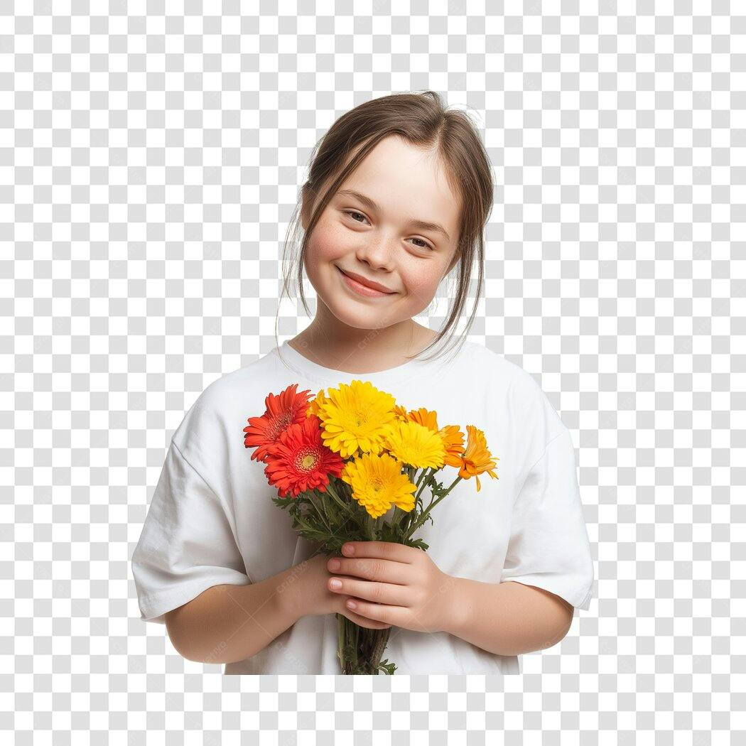 Foto Recortada Menina Sorrindo Buquê Flores PNG Fundo Transparente