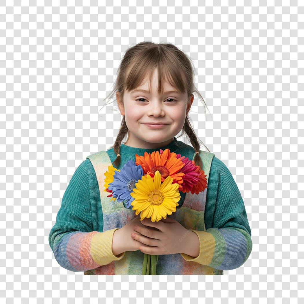 Foto Recortada Menina Sorrindo Buquê Flores PNG Fundo Transparente