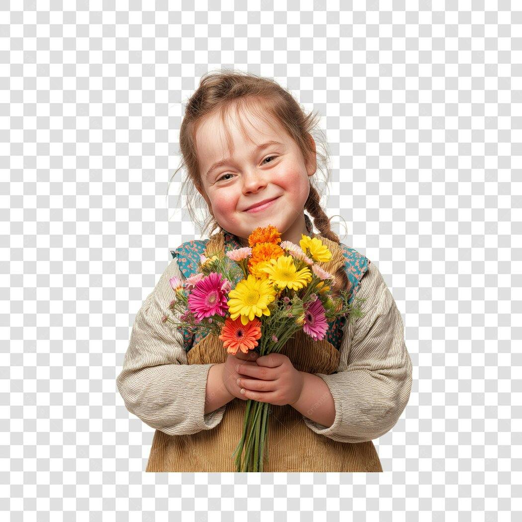 Foto Recortada Menina Sorrindo Buquê Flores PNG Fundo Transparente