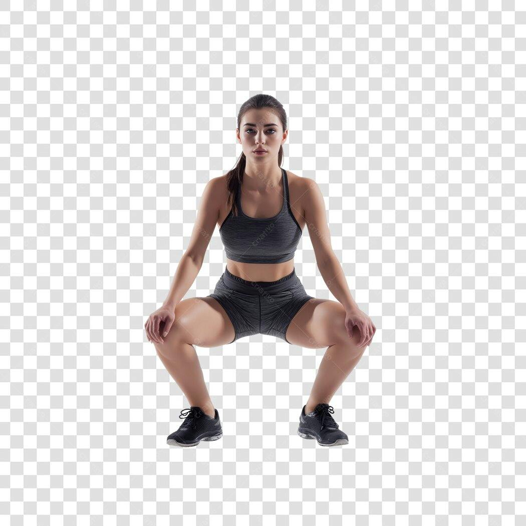 Foto Recortada Mulher Agachando Fitness PNG Fundo Transparente