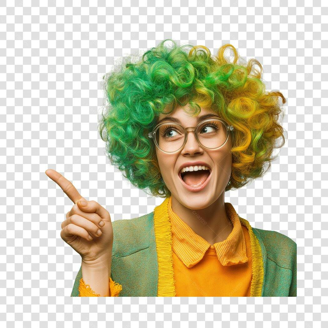 Foto Recortada Mulher Cabelo Colorido Apontando PNG Fundo Transparente