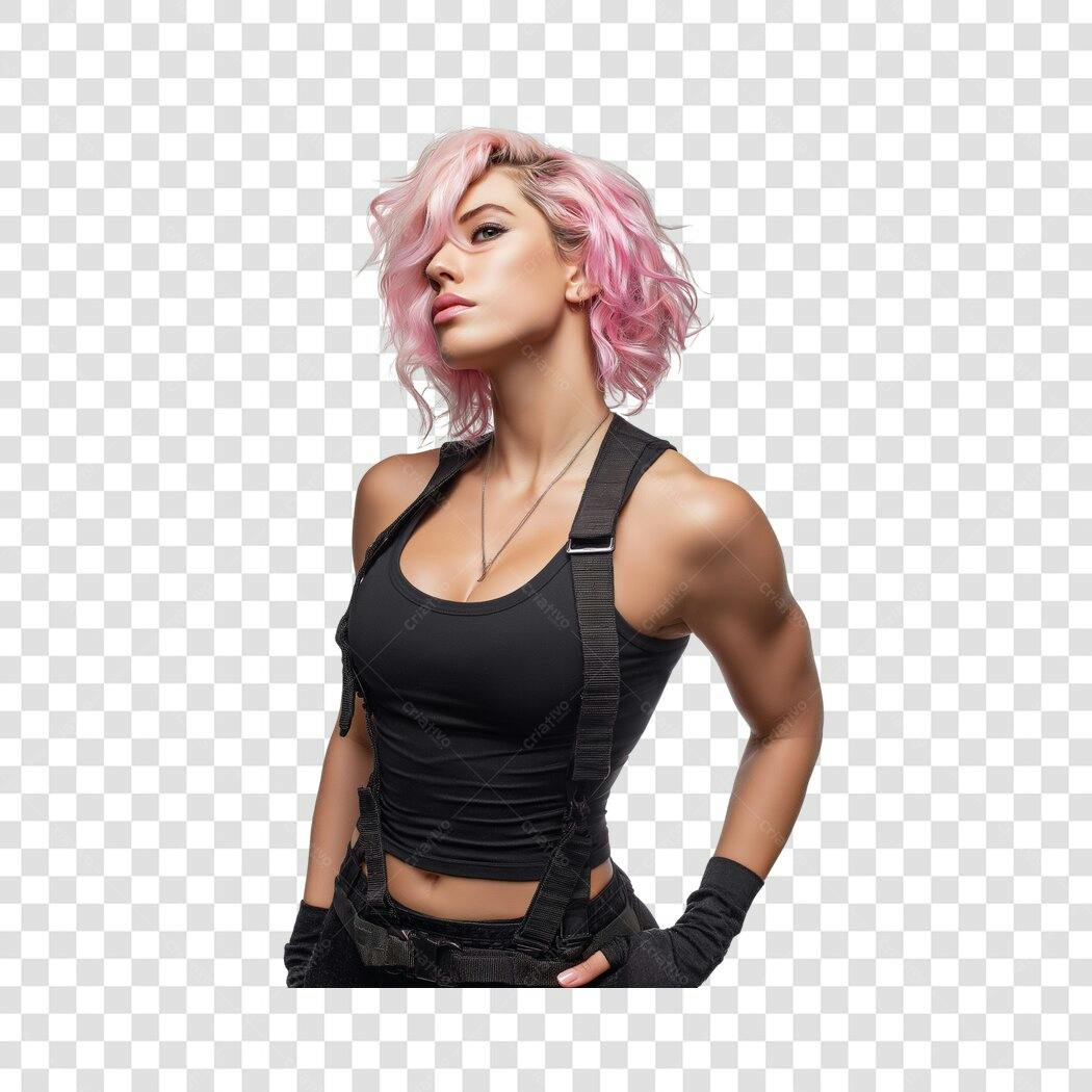 Foto Recortada Mulher Cabelo Rosa Estilo Fitness PNG Fundo Transparente
