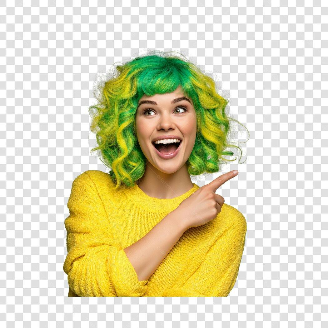 Foto Recortada Mulher Cabelo Verde Amarelo Apontando PNG Fundo Transparente