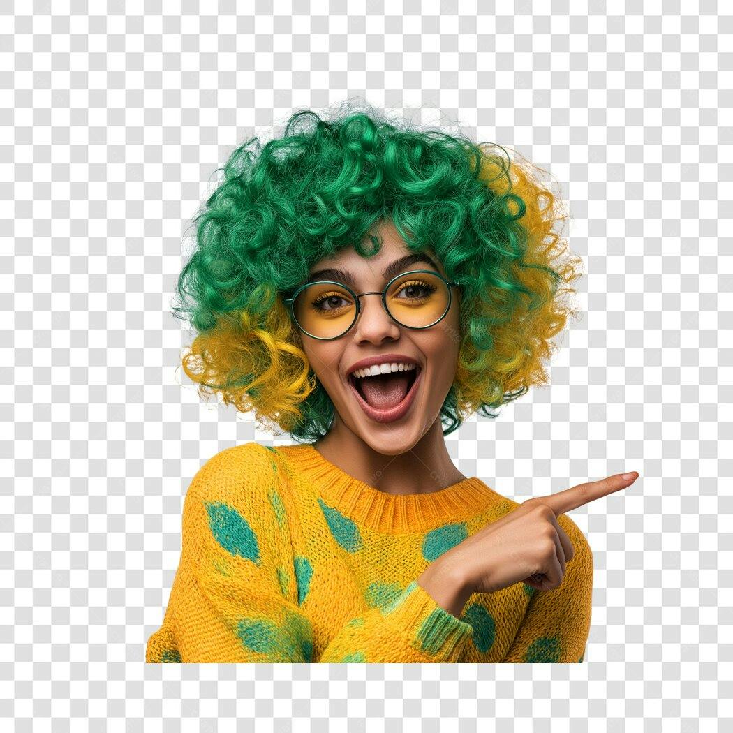 Foto Recortada Mulher Cabelo Verde Amarelo Apontando PNG Fundo Transparente