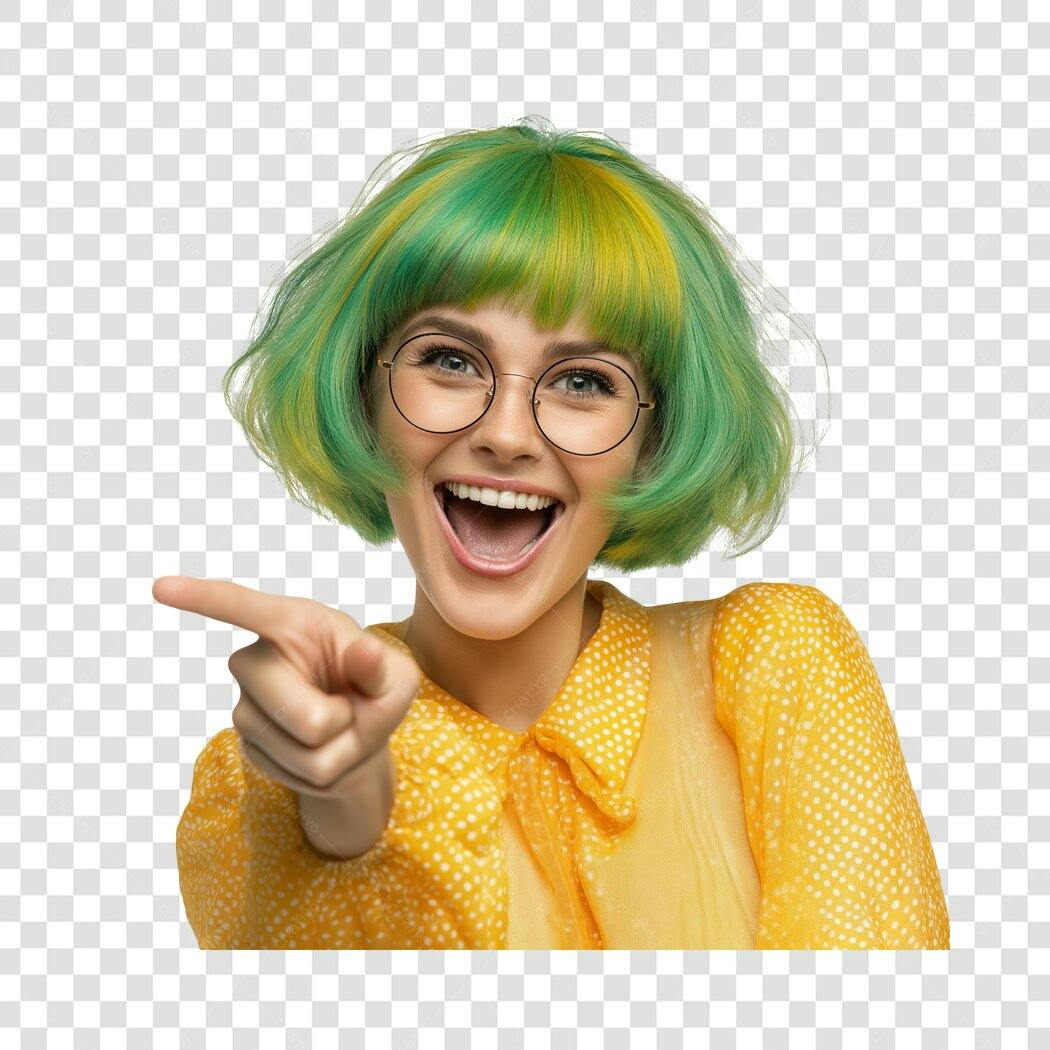 Foto Recortada Mulher Cabelo Verde Óculos Apontando PNG Fundo Transparente