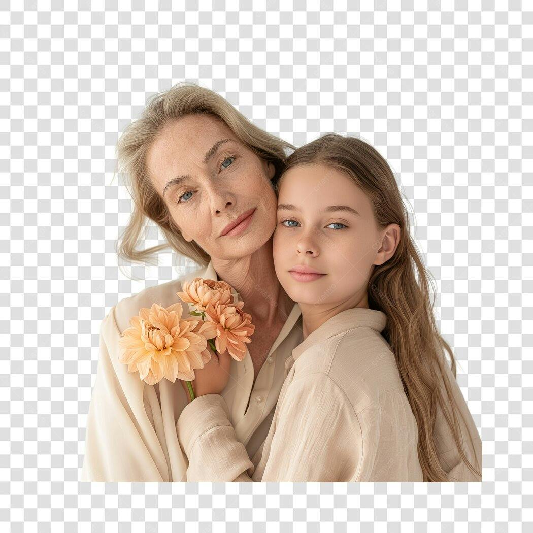 Foto Recortada Mulher e Filha Flores Dia das Mães Maio PNG Fundo Transparente