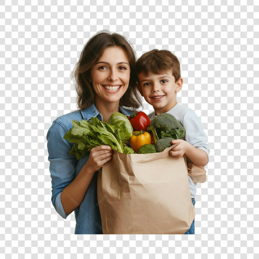 Foto Recortada Mulher e Filho Compras Mercado PNG Fundo Transparente