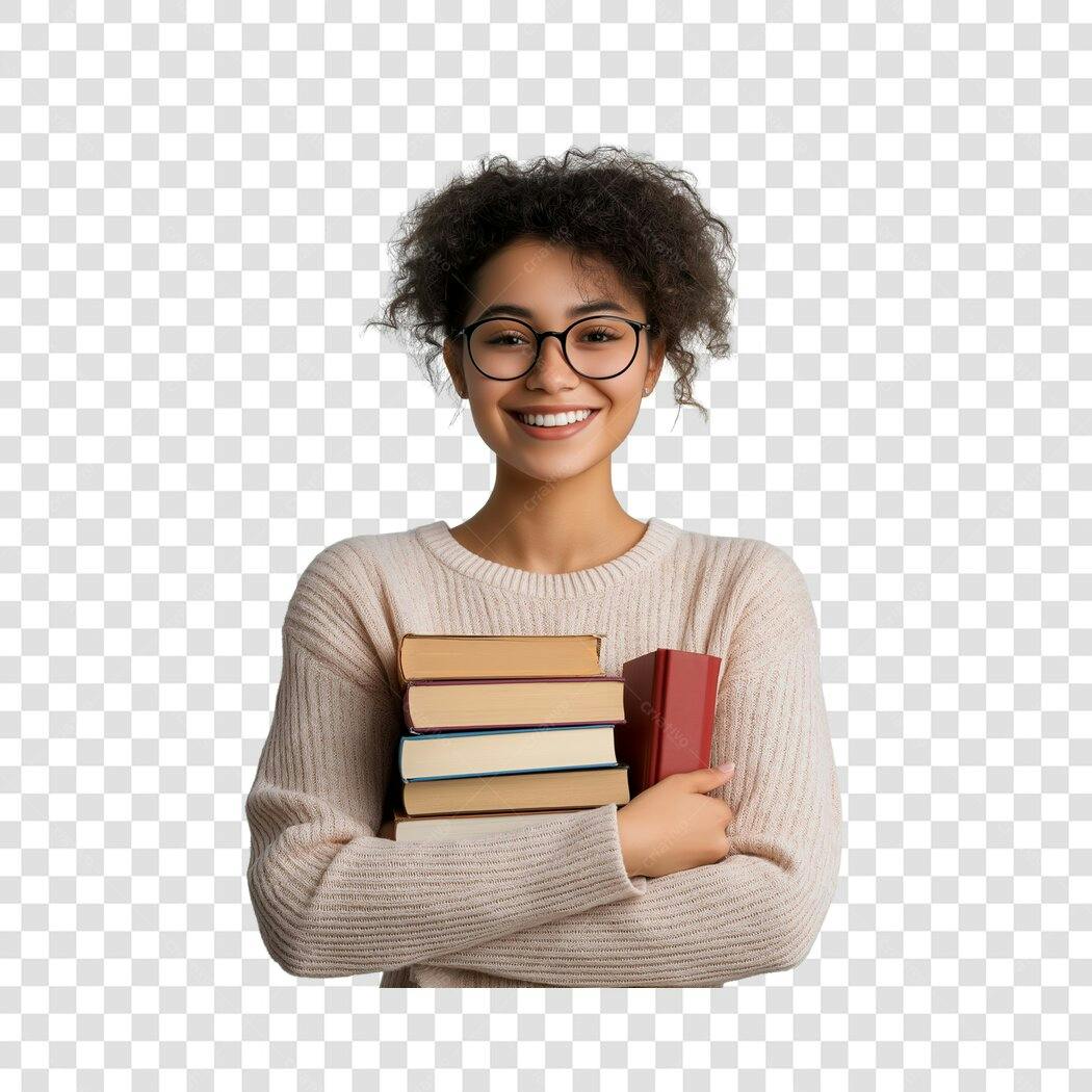 Foto Recortada Mulher Estudante Livros Sorrindo PNG Fundo Transparente