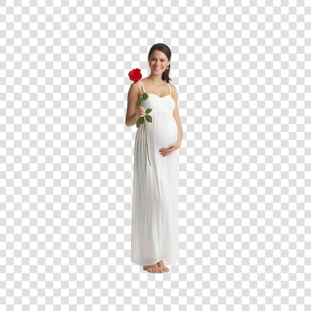 Foto Recortada Mulher Grávida Vestido Branco Rosa PNG Fundo Transparente
