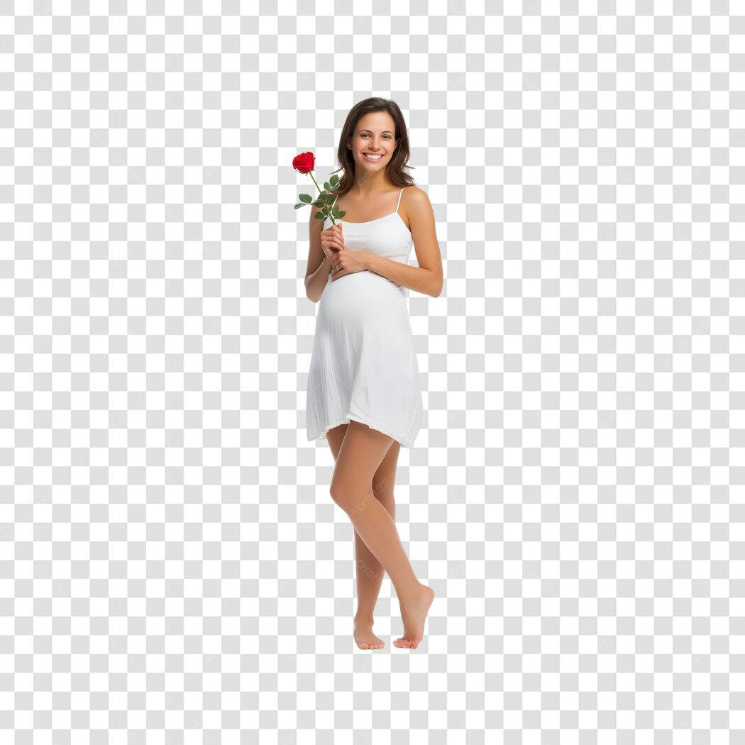 Foto Recortada Mulher Grávida Vestido Branco Rosa Vermelha PNG Fundo Transparente