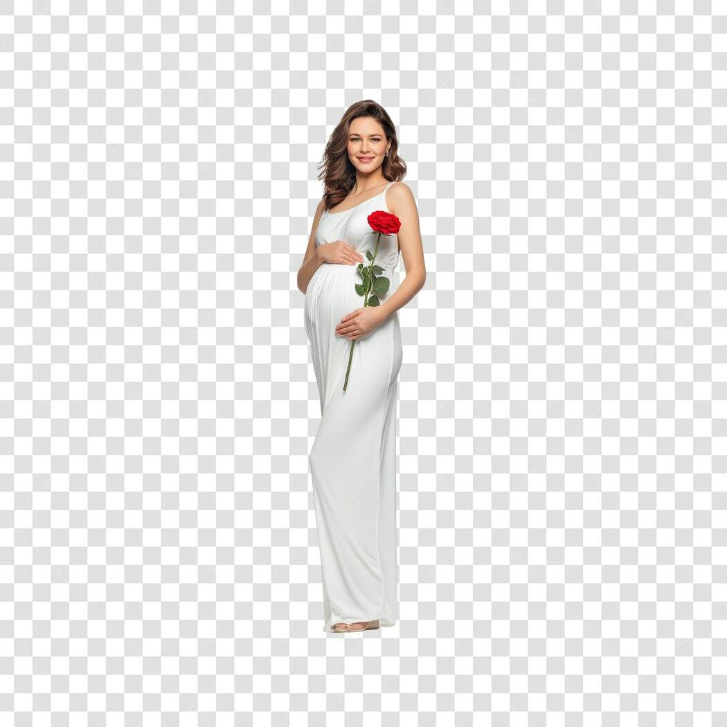Foto Recortada Mulher Grávida Vestido Branco Rosa Vermelha PNG Fundo Transparente