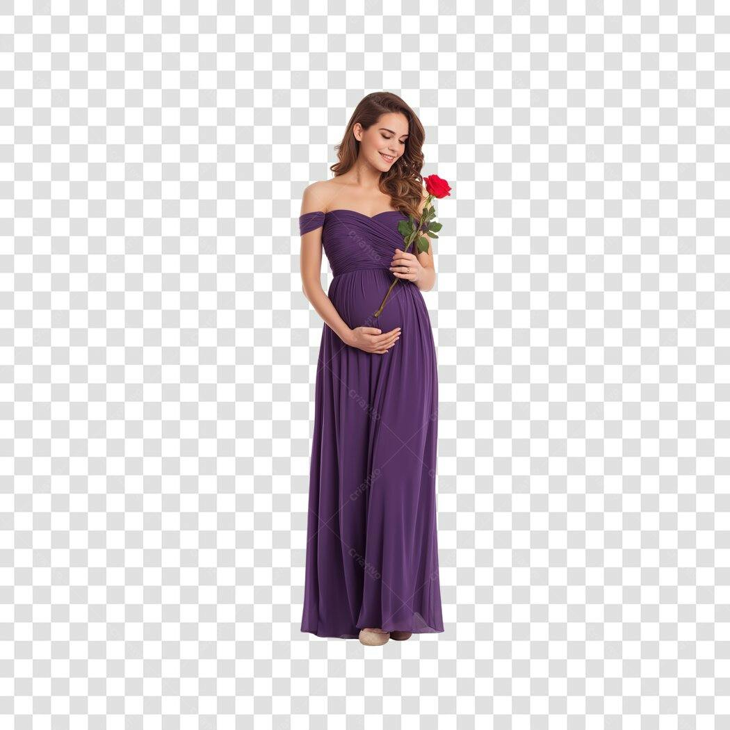 Foto Recortada Mulher Grávida Vestido Roxo Rosa Vermelha PNG Fundo Transparente