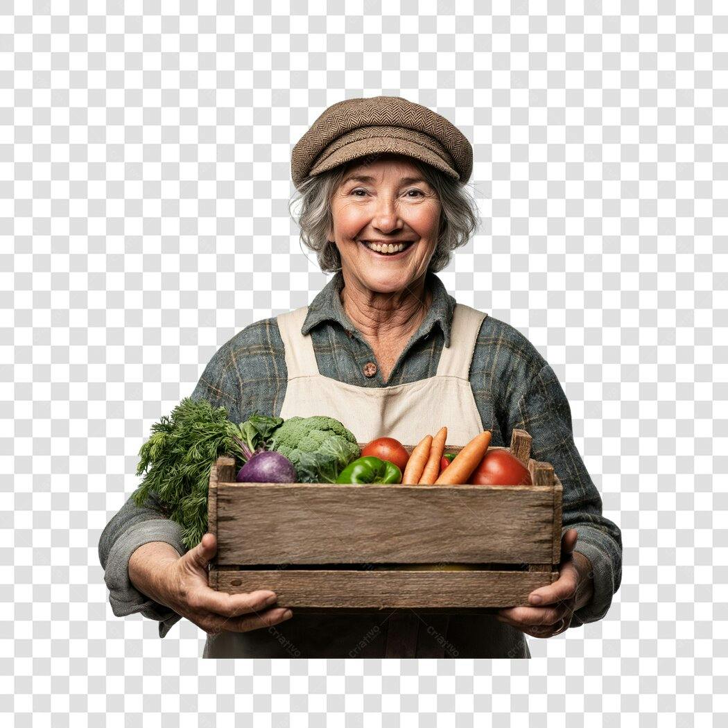 Foto Recortada Mulher Idosa Agricultora Cesta Vegetais PNG Fundo Transparente