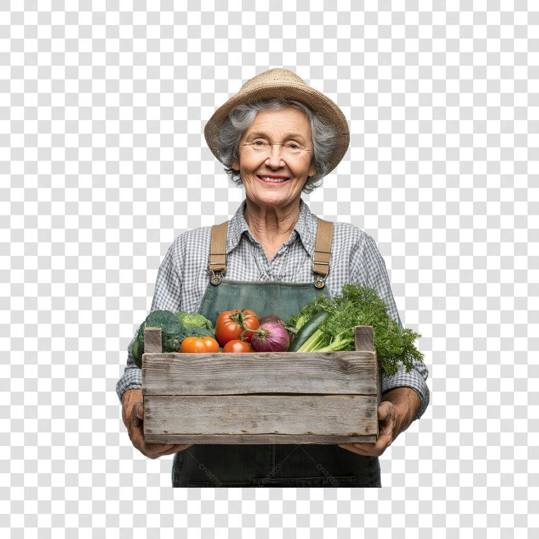 Foto Recortada Mulher Idosa Agricultora Cesta Vegetais PNG Fundo Transparente