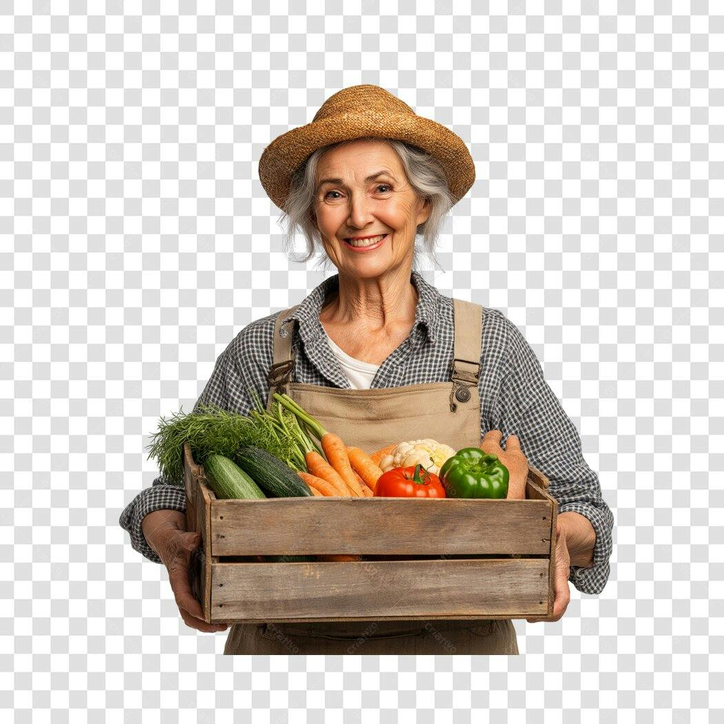 Foto Recortada Mulher Idosa Agricultora Cesta Vegetais PNG Fundo Transparente