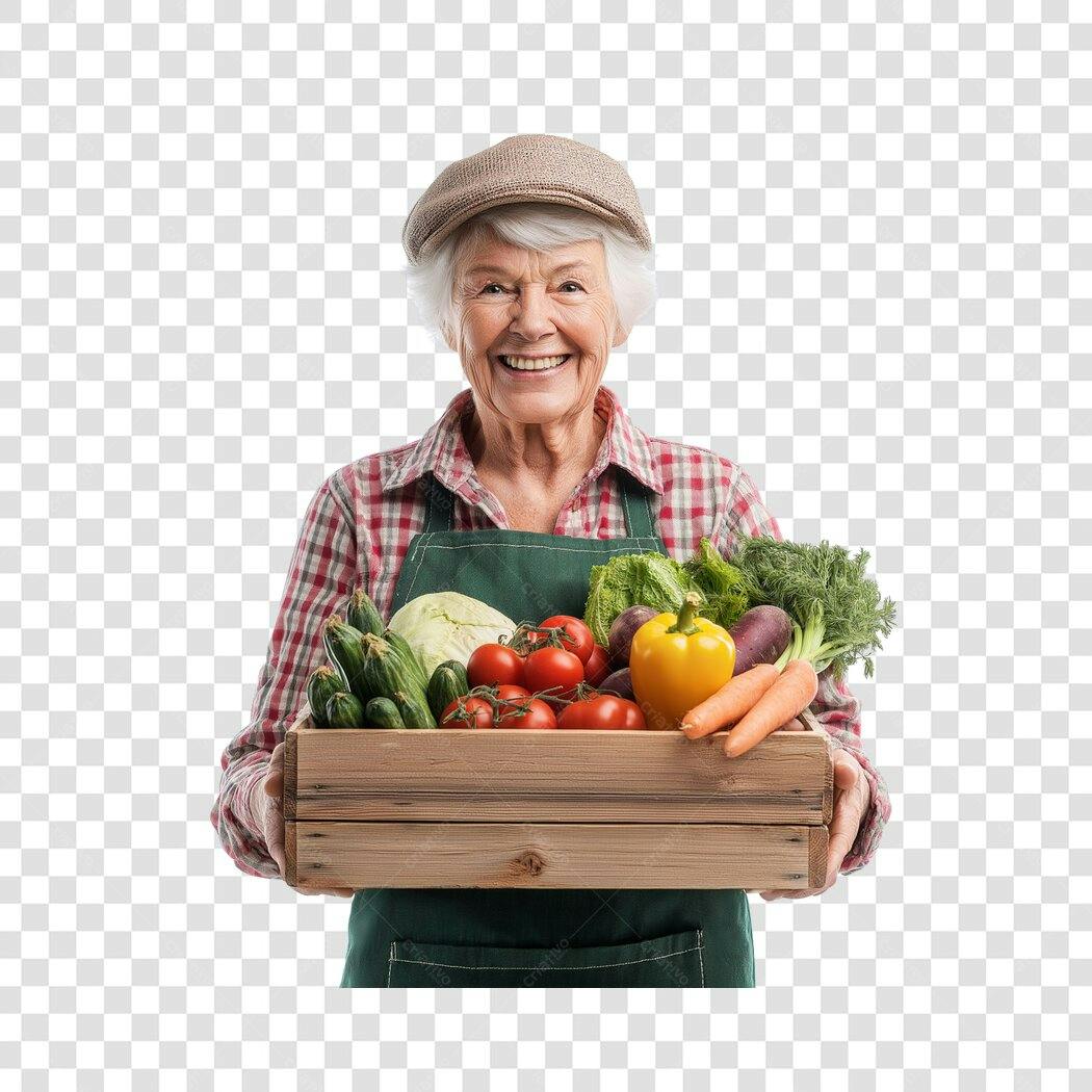 Foto Recortada Mulher Idosa Sorrindo Cesta Legumes PNG Fundo Transparente