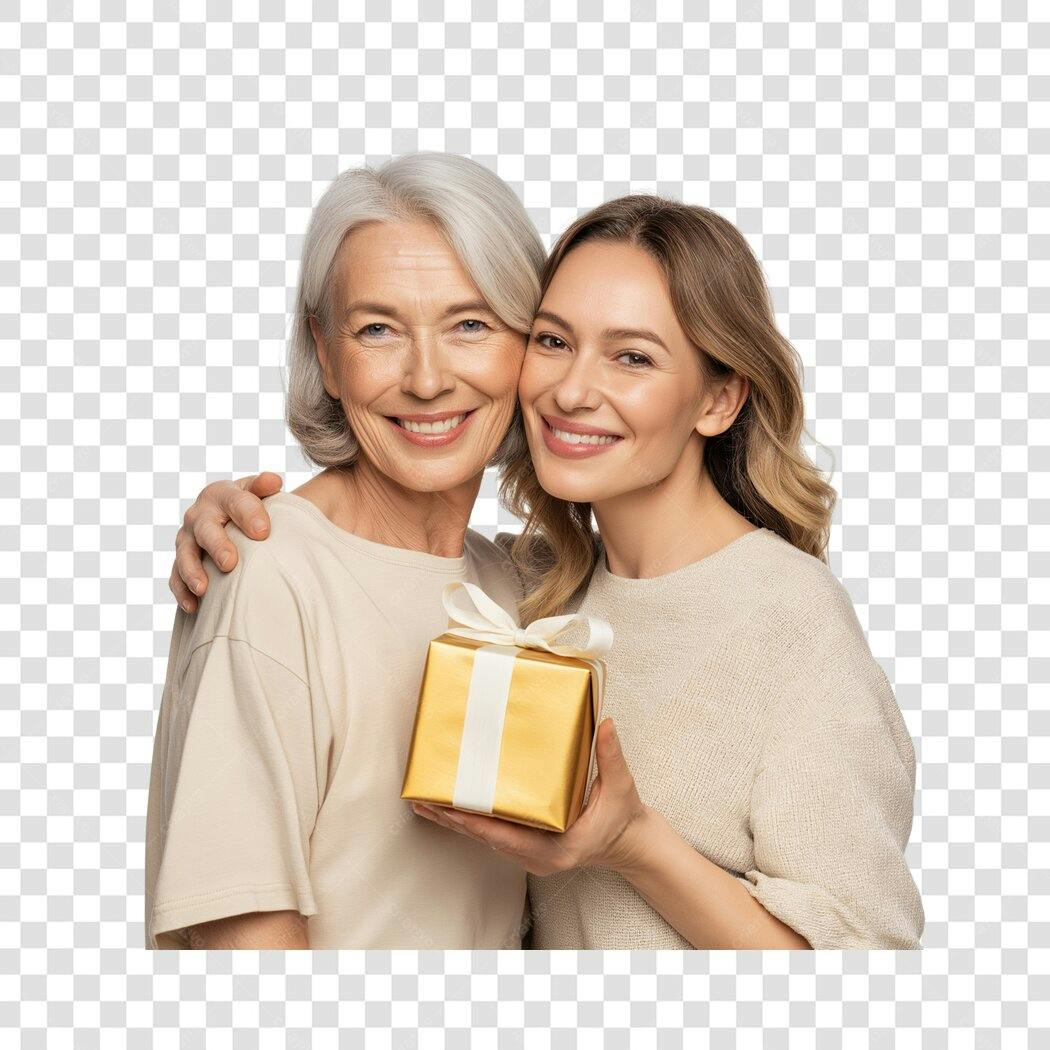 Foto Recortada Mulher Jovem e Mãe Idosa Presente PNG Fundo Transparente
