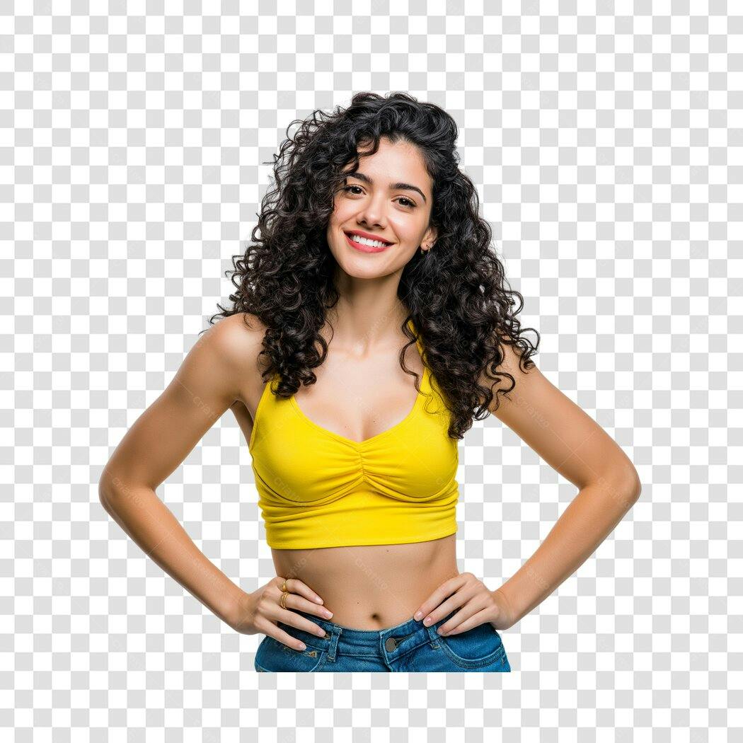 Foto Recortada Mulher Jovem Sorrindo Cabelo Cacheado PNG Fundo Transparente