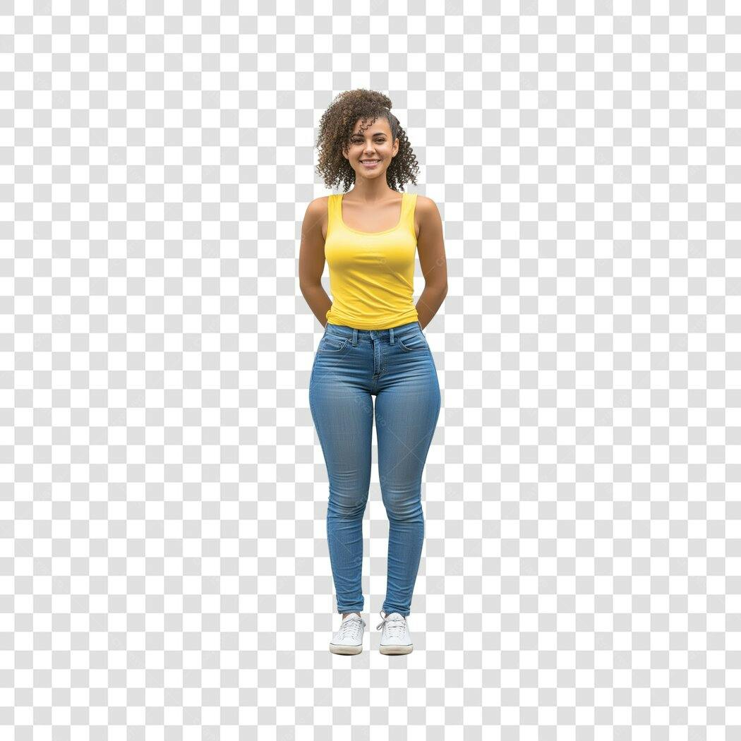 Foto Recortada Mulher Jovem Sorrindo Calça Jeans Amarela PNG Fundo Transparente