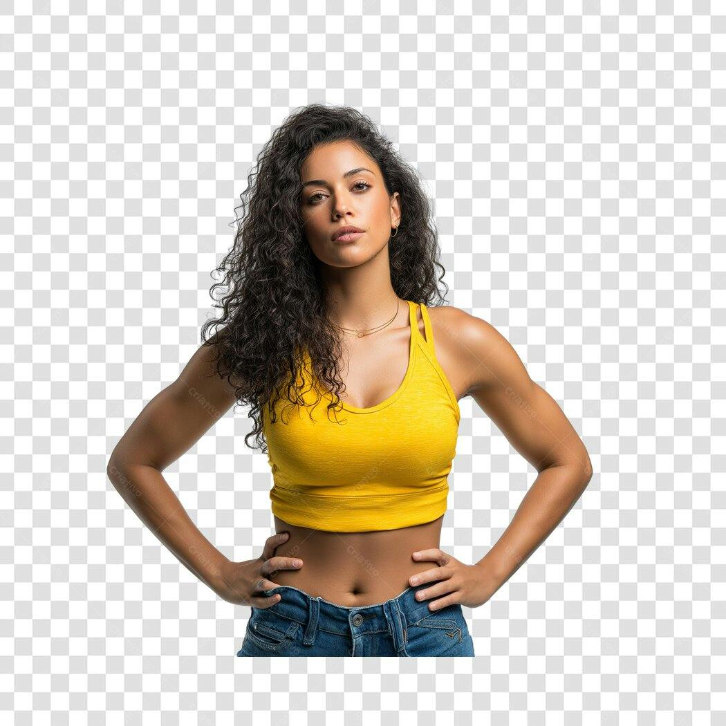 Foto Recortada Mulher Negra Cachos Blusa Amarela PNG Fundo Transparente