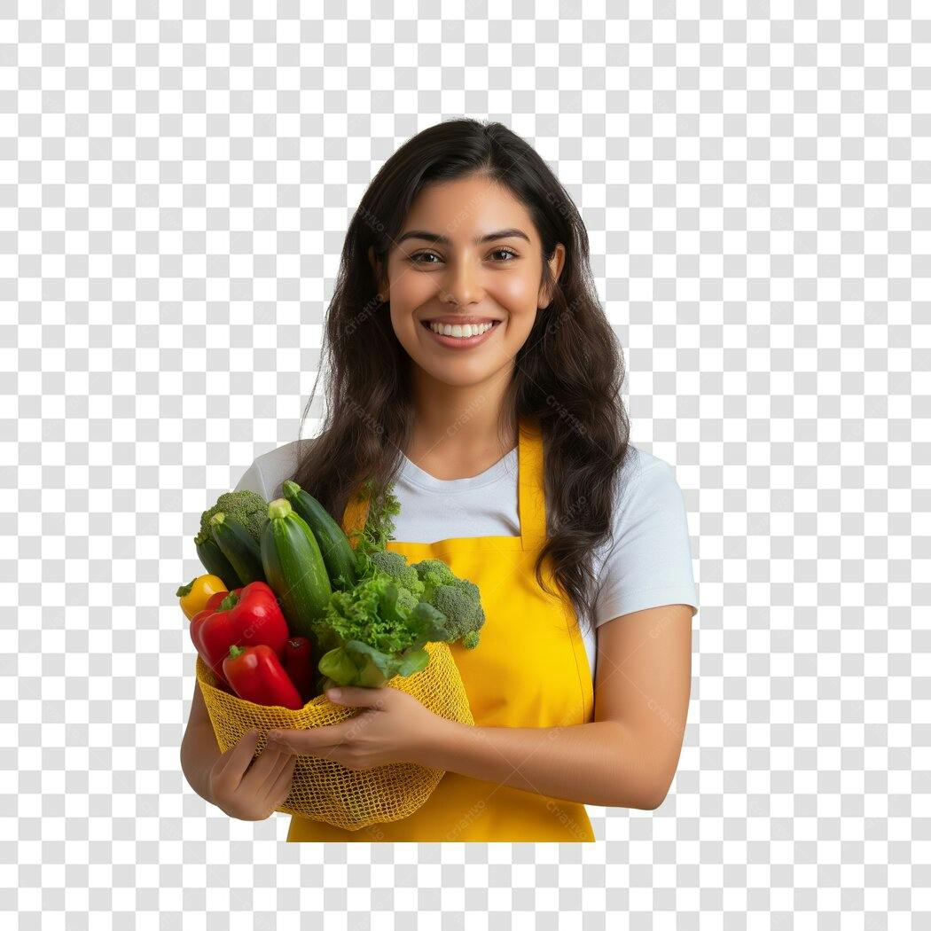Foto Recortada Mulher Sorrindo Cesta Legumes PNG Fundo Transparente