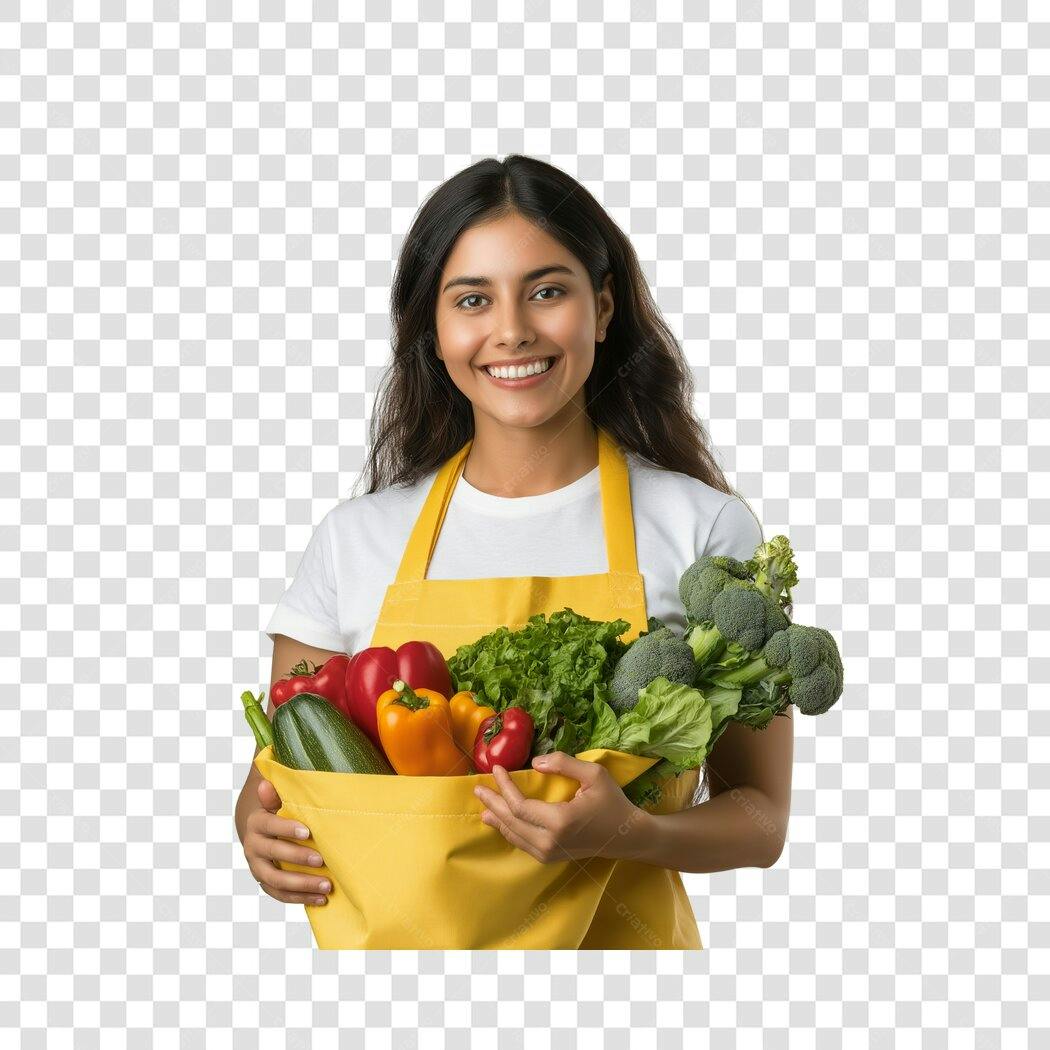 Foto Recortada Mulher Sorrindo Sacola Vegetais PNG Fundo Transparente