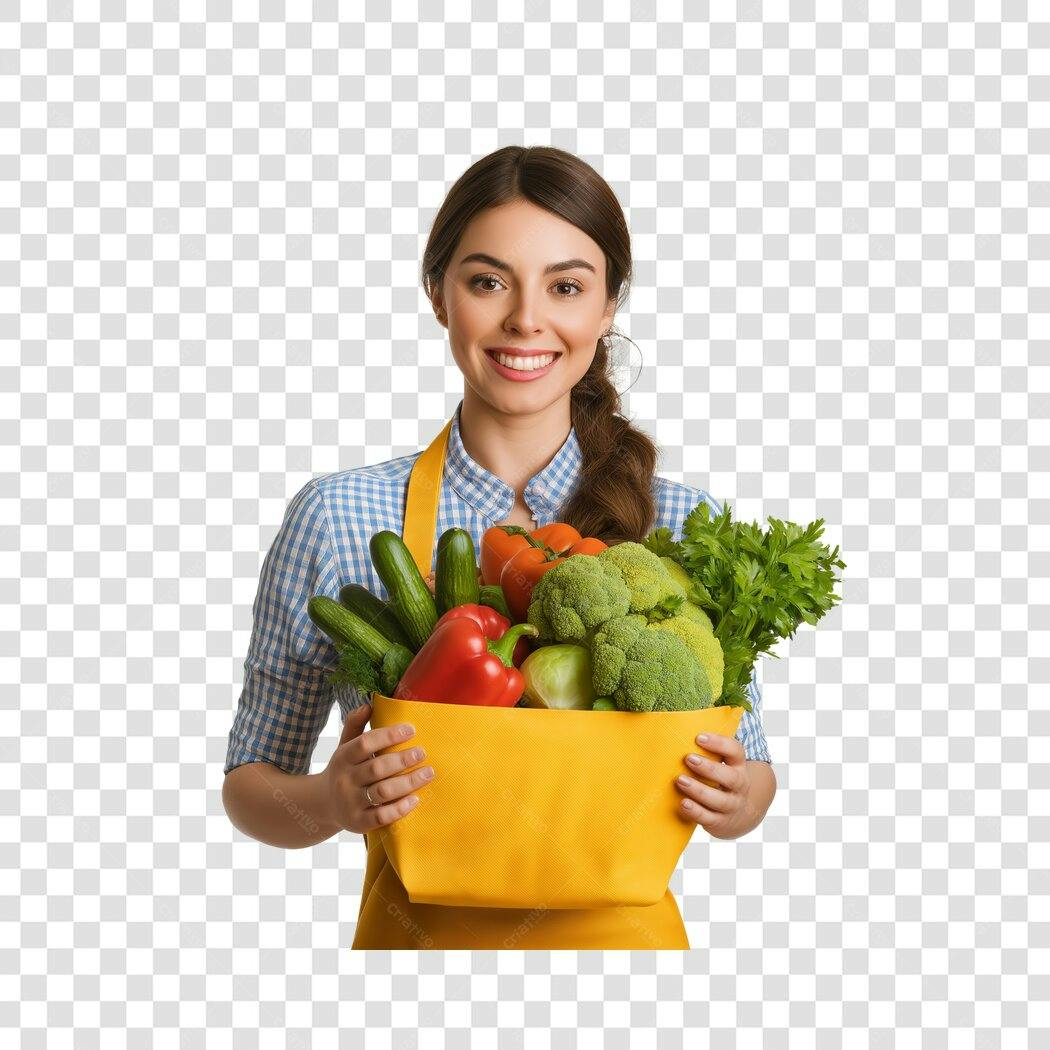 Foto Recortada Mulher Sorrindo Sacola Vegetais PNG Fundo Transparente