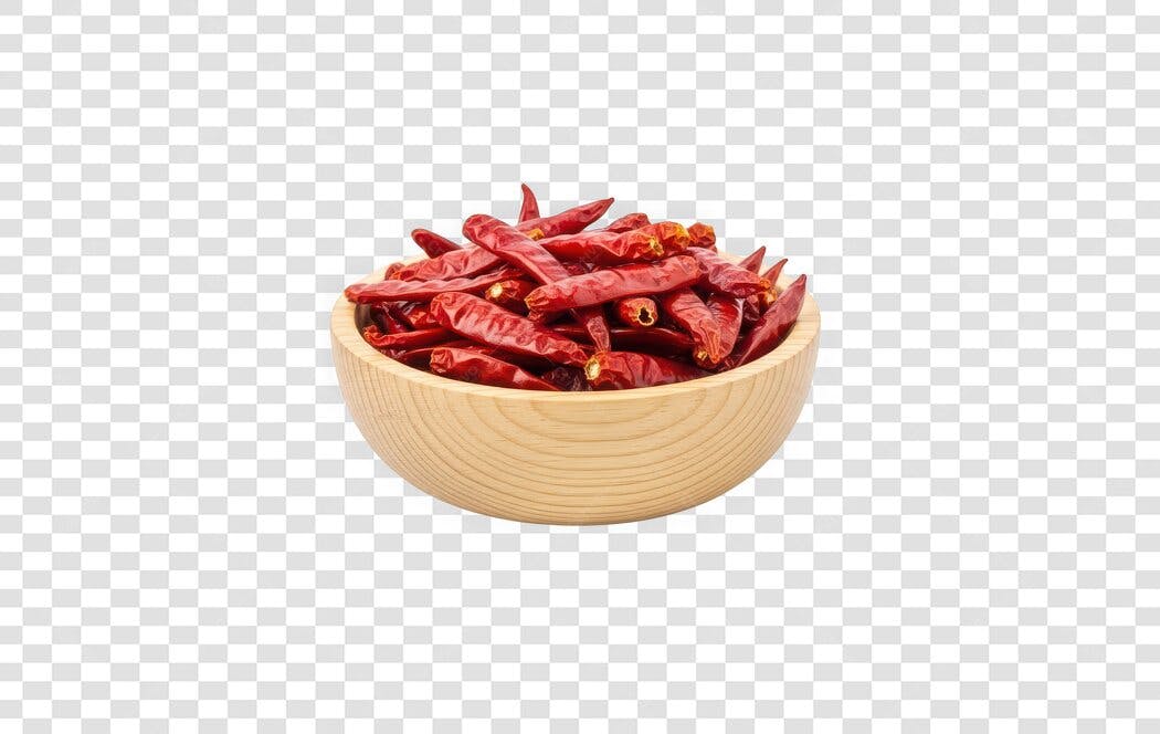 Foto Recortada Pimenta Seca Vermelha Tigela Madeira PNG Fundo Transparente