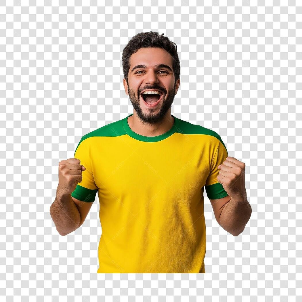 Foto Recortada Torcedor Brasileiro Camisa Amarela PNG Fundo Transparente