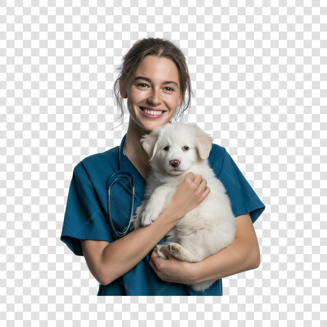 Foto Recortada Veterinária Jovem Sorrindo com Cão PNG Fundo Transparente