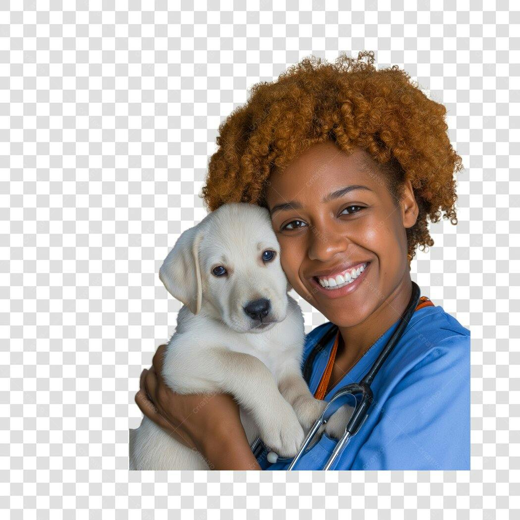 Foto Recortada Veterinária Mulher Negra com Filhote Cachorro PNG Fundo Transparente
