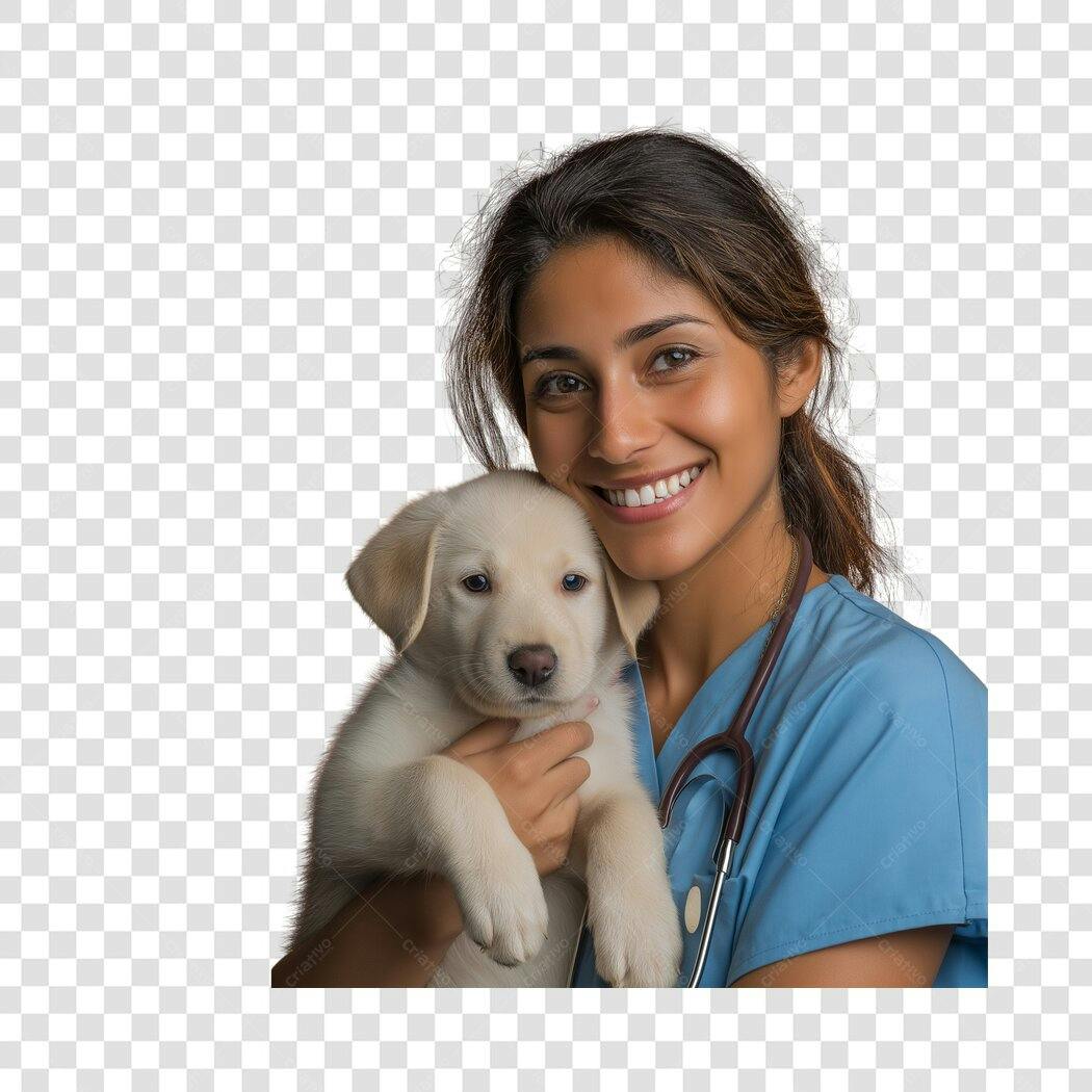 Foto Recortada Veterinária Mulher Sorrindo Filhote Cachorro PNG Fundo Transparente