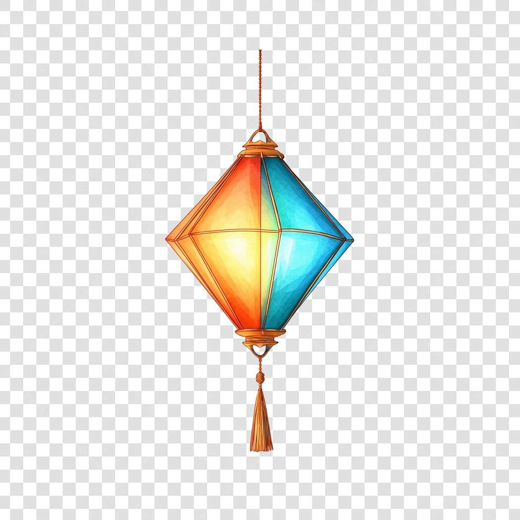Ilustração Lanterna Japonesa Aquarela Azul Laranja PNG Fundo Transparente