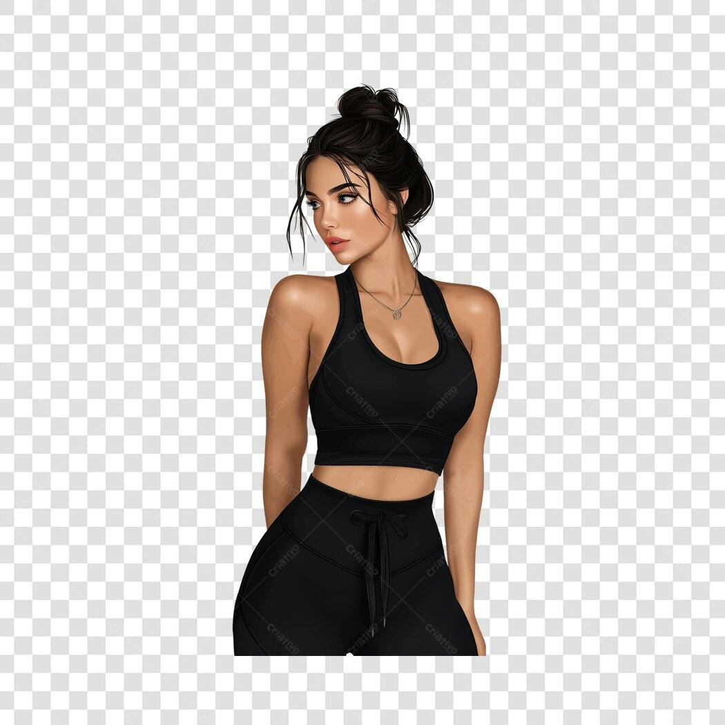 Ilustração Mulher Fitness Roupa Preta PNG Fundo Transparente
