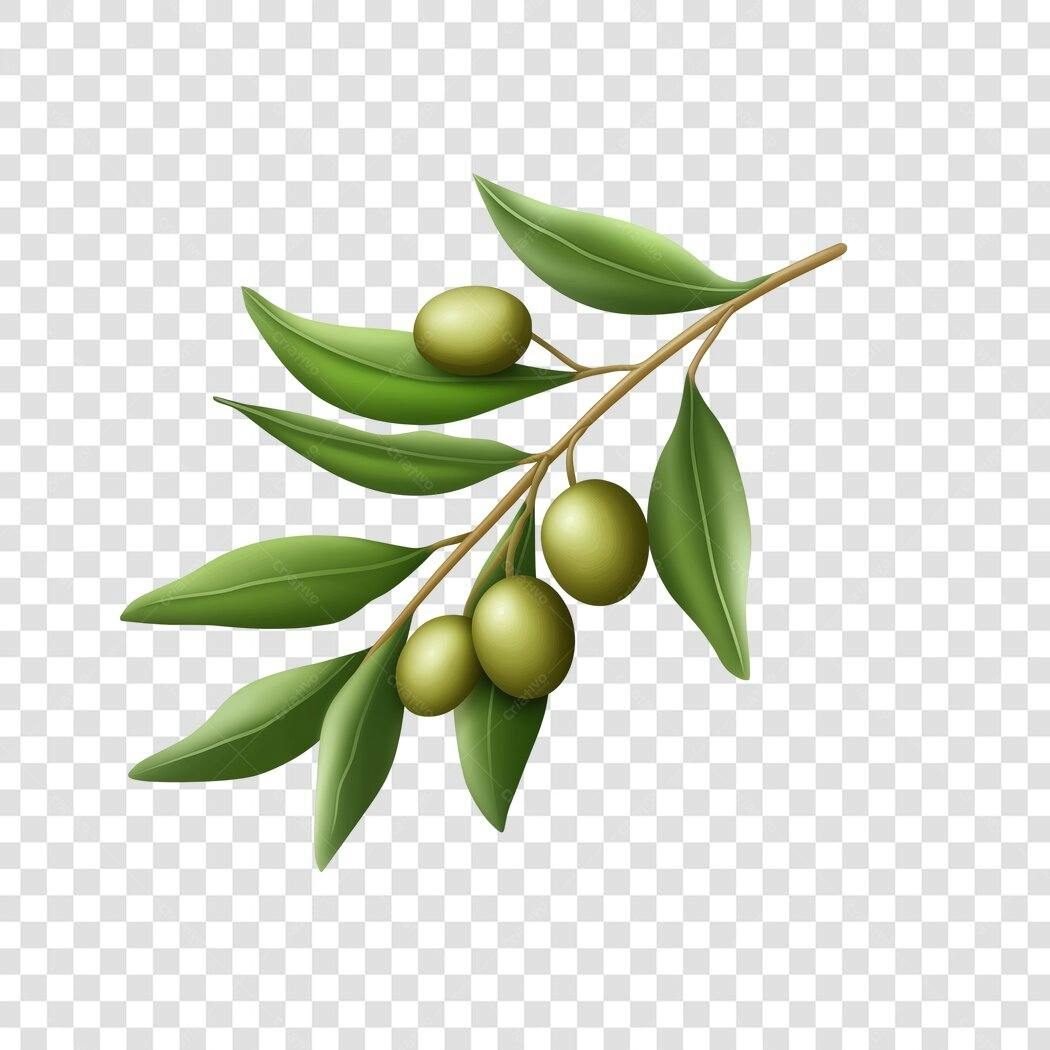 Ilustração Ramo de Oliveira Folhas e Azeitonas PNG Fundo Transparente