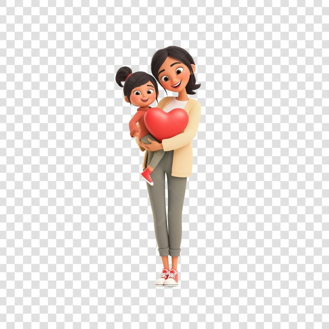 Personagem 3D Mãe e Filha Coração Dia das Mães Maio PNG Fundo Transparente
