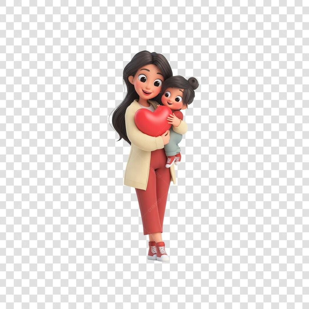 Personagem 3D Mãe e Filha Dia das Mães Maio PNG Fundo Transparente