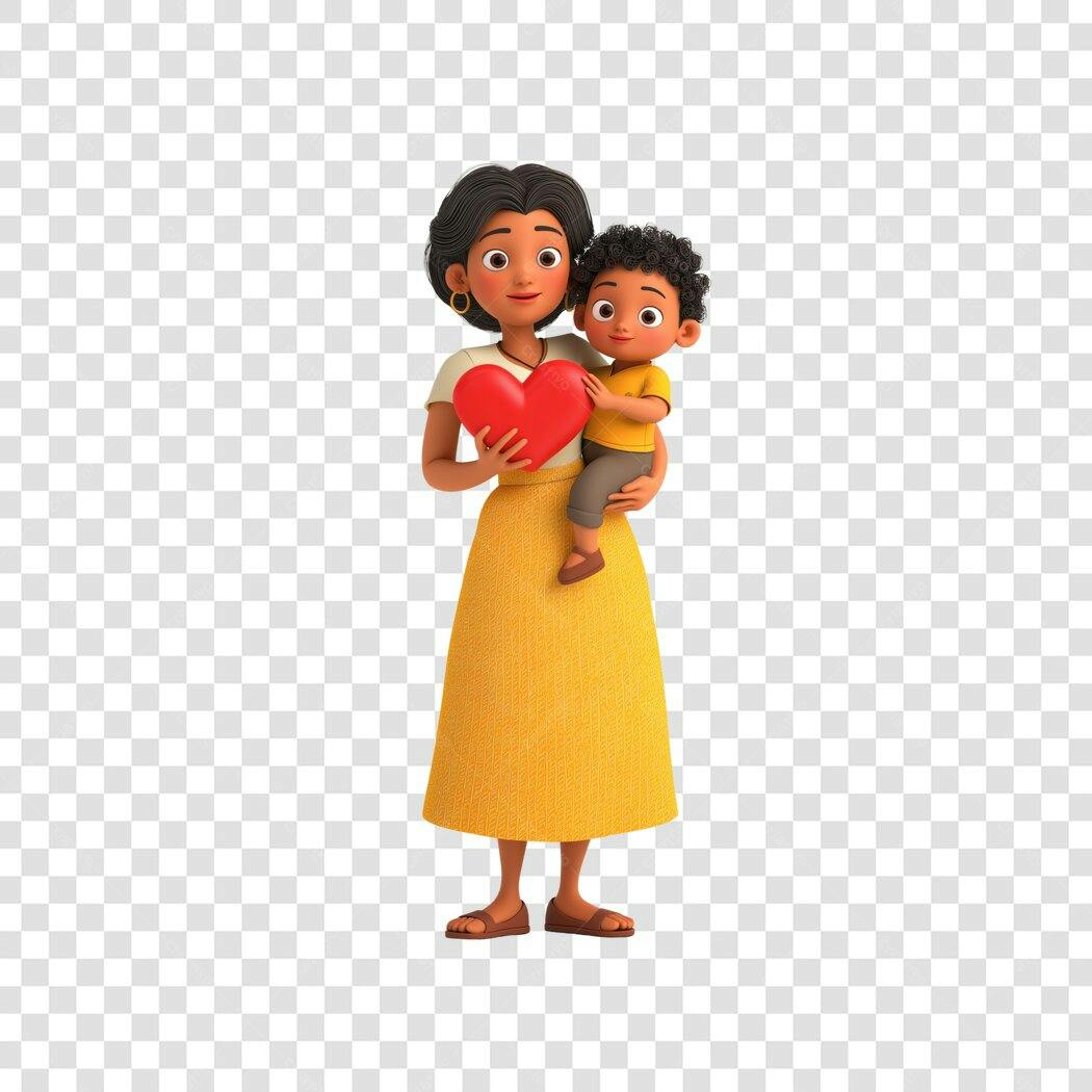 Personagem 3D Mãe e Filho Coração Dia das Mães Maio PNG Fundo Transparente